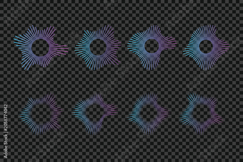 Sound equalizer with dot line. Music abstract radial symbol. gradient neon circular sound wave frames. frequency audio waveform. 