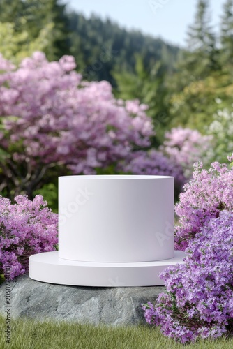 white circular podium surrounded by pink and purple flowers in the background of a spring landscape with trees