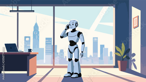 Robot talking on phone in office with city skyline view and desk robot android artificial.