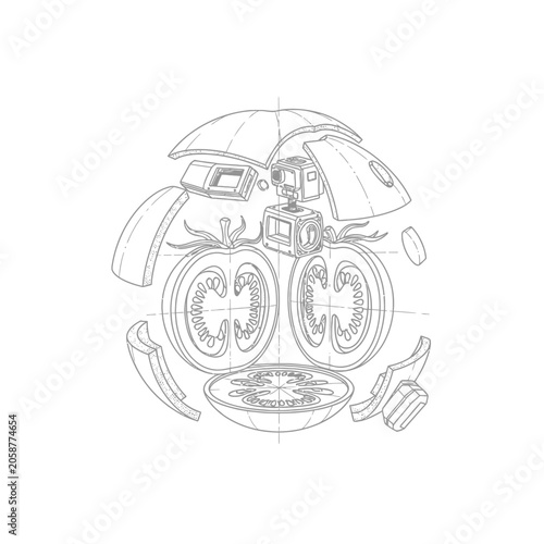 Exploded View Technical Blueprint of Tomato with Hidden Camera Internals