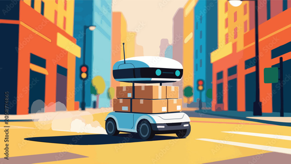 Obraz premium Small autonomous delivery robot carrying stacked cardboard boxes in city traffic robot.