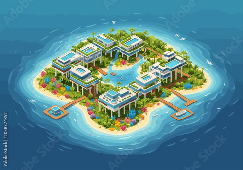 Luxurious tropical island resort with modern architecture and swimming pools surrounded by turquoise ocean water.