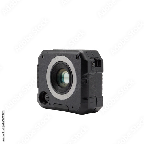 Compact black camera with lens in modern design  