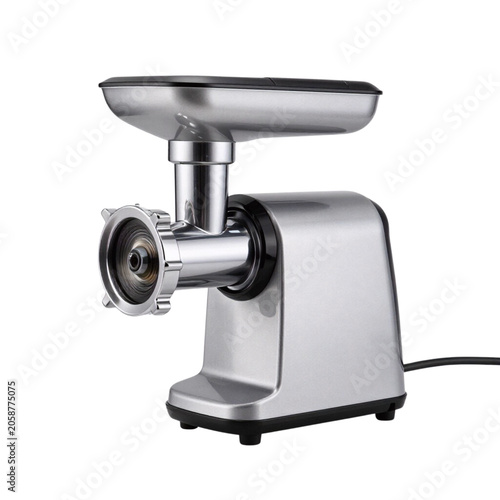 Stainless steel meat grinder on white background  