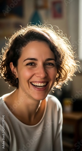Happy woman with curly hair laughing in natural sunlight.