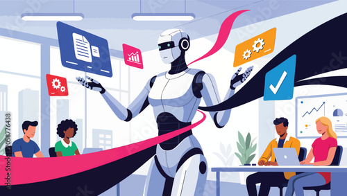 Futuristic robot interacting with data visualizations in modern office setting robot.