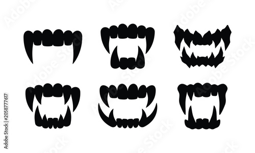 Collection of sharp vampire fangs and monster teeth silhouettes for scary designs.