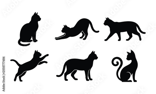 Photos Set of black cat silhouette icons in various poses for halloween theme projects