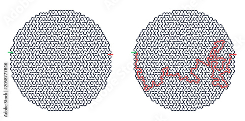 Circular maze design with red path leading to exit point  