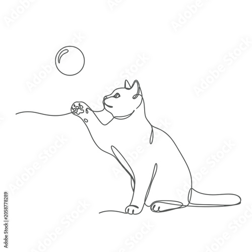 Continuous Line Art of a Playful Cat Reaching for a Ball