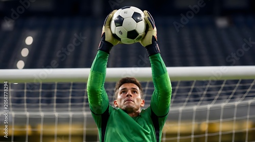 Soccer Goalkeeper Catches Ball Above Head in Stadium