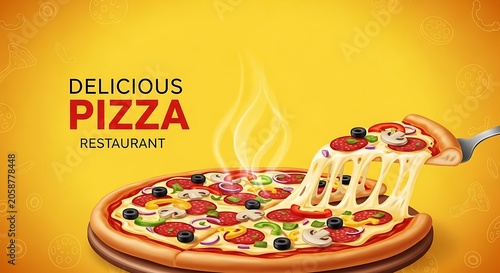 Hot cheesy pizza slice being lifted from a whole pizza, perfect for restaurant ads and food themes.