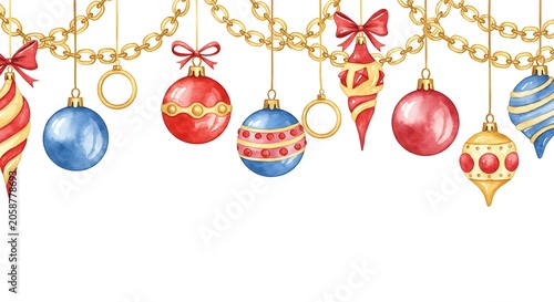 Watercolor Christmas Ornament Garland: Red, Blue, Gold Elegance