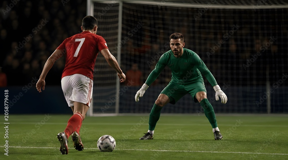Naklejka premium Soccer Goalkeeper Ready to Save Shot from Striker on Football Field
