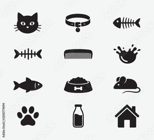 Black Cat Pet Icons Set Including Food Bowl Fish Skeleton And Paw Print