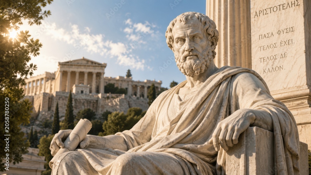 Fototapeta premium Ancient philosopher statue seated holding scroll on hill with temple