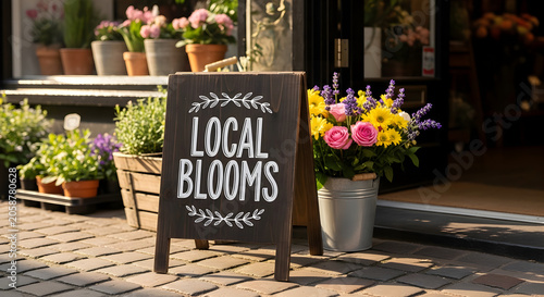 Rustic wooden A-frame chalkboard sign with Local Blooms text outside a charming local florist shop filled with colorful fresh flowers