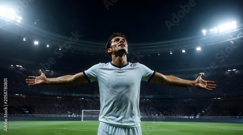 Soccer Player Celebrates Victory Under Floodlights in Stadium