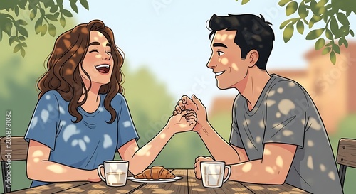 Happy young couple holding hands during a romantic outdoor coffee date.