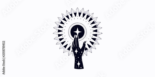 Schilderij op canvas Hand Illustration With Celestial Elements And Circular Opening Black And White