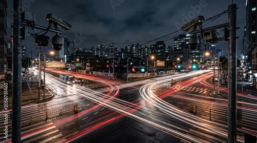 Security camera monitoring busy night city traffic intersection. Surveillance system recording street vehicles with light trails. Urban infrastructure safety and smart city technology.