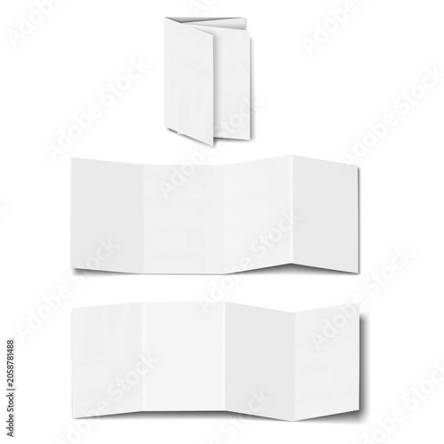 White blank double parallel fold brochure, booklet. Front, back side, cover. Vector mockup. Four panel 8 page card. Mock-up. Template for design