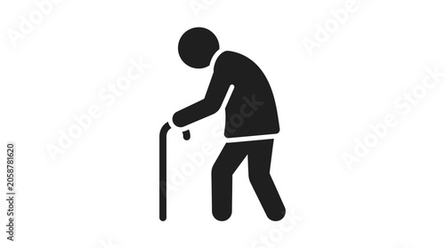 Minimalist vector illustration of an elderly person walking slowly while leaning on a wooden cane