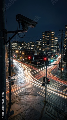 Security camera monitoring busy city intersection at night. Surveillance system overlooking urban traffic with motion blur light trails. Concept of public safety and city tracking.