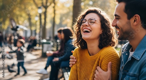 Happy young couple laughing and enjoying a sunny day in the park.