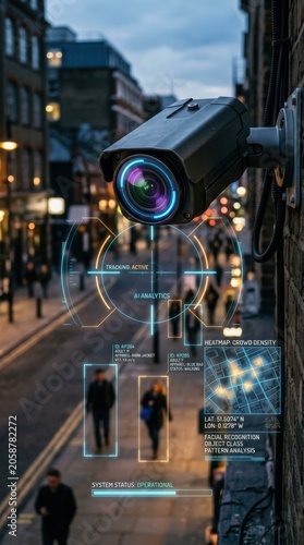 Security camera with AI analytics tracking crowd on city street. Digital surveillance system monitoring pedestrians with facial recognition and heatmap data for urban safety control.