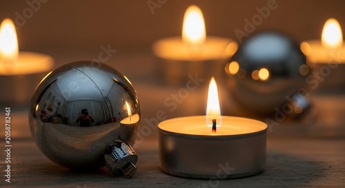Soft candle flames flicker beside shiny metallic Christmas ornaments, creating a warm festive atmosphere