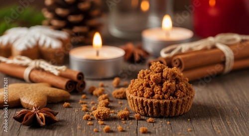 Warm gingerbread cookie crumb topping on a rustic wooden table with flickering candles and cinnamon sticks