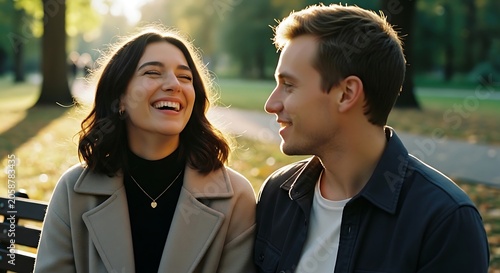 Happy young couple laughing and talking while sitting on a park bench at sunset.