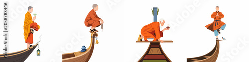 Fotografie Set of flat illustrations featuring Buddhist monks in various meditative and spiritual poses on traditional boats, emphasizing mindfulness, balance, and tranquility