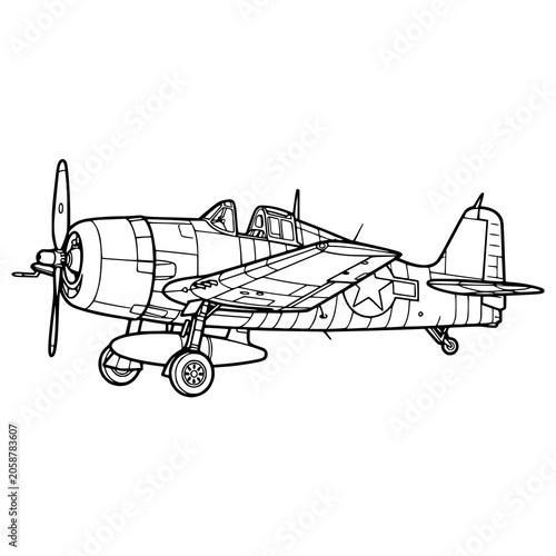 Bild auf Leinwand WWII Grumman F6F Hellcat Naval Fighter Aircraft Vector Line Art Illustration