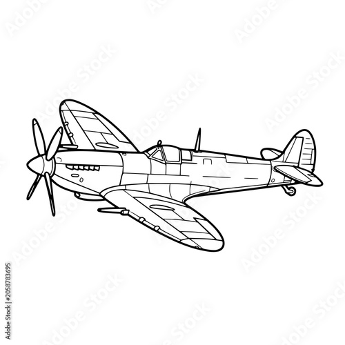 WWII British Spitfire Fighter Aircraft Perspective View Vector Line Art