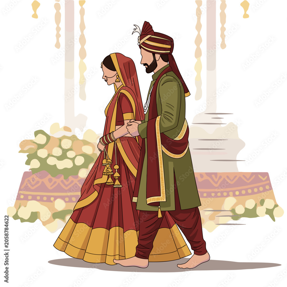 Obraz premium Indian Wedding Couple Walking Together Traditionally