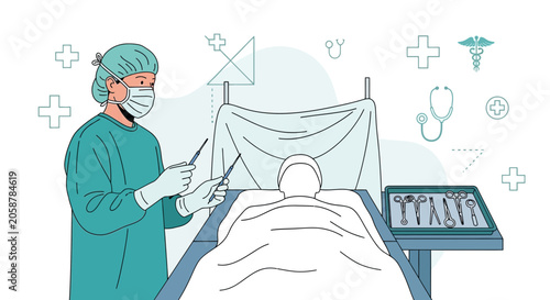 Surgeon Performing Laparoscopic Surgery with Medical Icons and Instruments