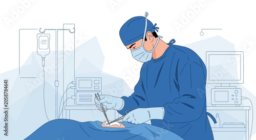 Surgeon Performing Laparoscopic Surgery with Medical Team and Equipment in Operating Room