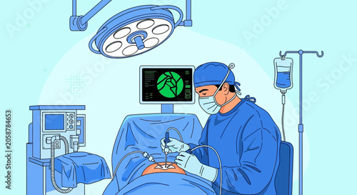 Surgeon Performing Laparoscopic Surgery with Medical Team and Advanced Technology