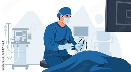 Surgeon Performing Laparoscopic Surgery with Modern Medical Equipment in Operating Room