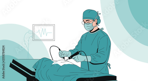 Surgeon Performing Laparoscopic Surgery with Patient Monitoring and Surgical Instruments