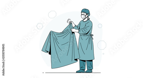 Surgeon in scrubs holding surgical drape, preparing for operation, sterile environment