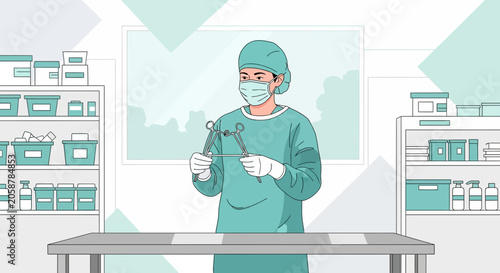 Surgeon in Scrubs Holding Surgical Instruments in Operating Room