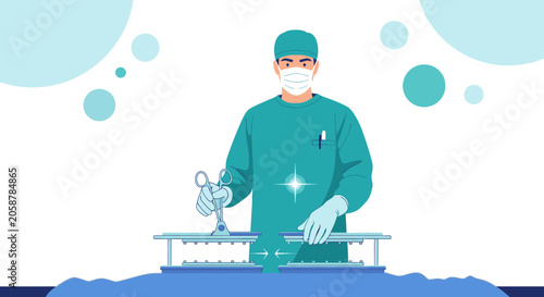 Surgeon in scrubs holding surgical scissors over sterile tray, operating room background