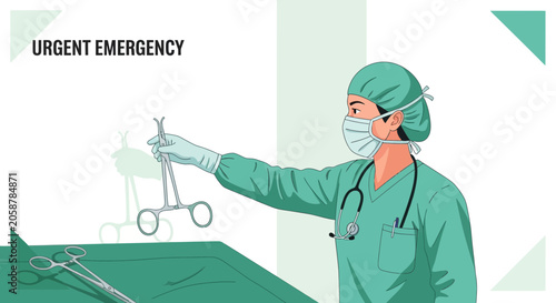Surgeon in scrubs holding surgical instruments, urgent emergency surgery concept