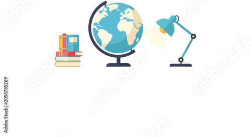 Canvastavla This educational vector features a stack of colorful books, a large terrestrial globe, and a blue desk lamp positioned on a white background