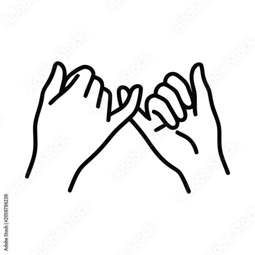 Pinky promise line art icon, minimalist vector silhouette of two hands hooking little fingers, friendship and trust concept graphic.