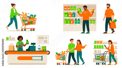People Shopping Groceries in a Supermarket, Diverse Customers Buying Food and Essentials