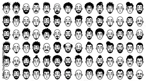 Diverse Male Faces Collection, Hand-Drawn Style, Black and White Avatars
